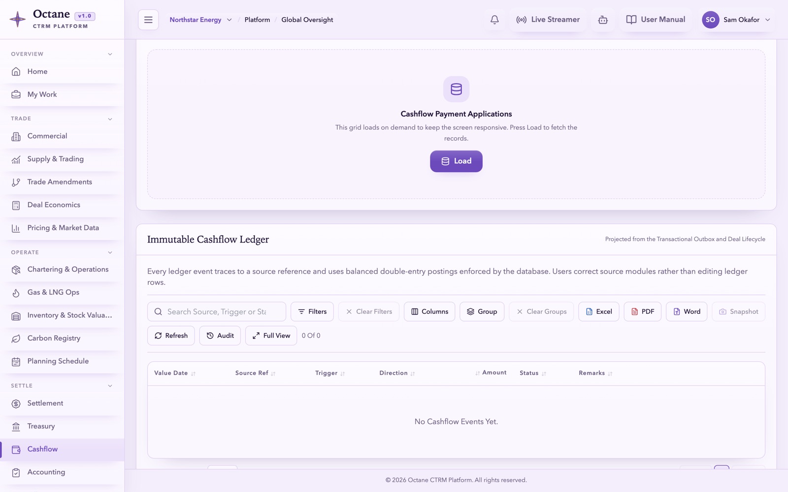 Octane Cashflow — expected money in and out generated by trading activity