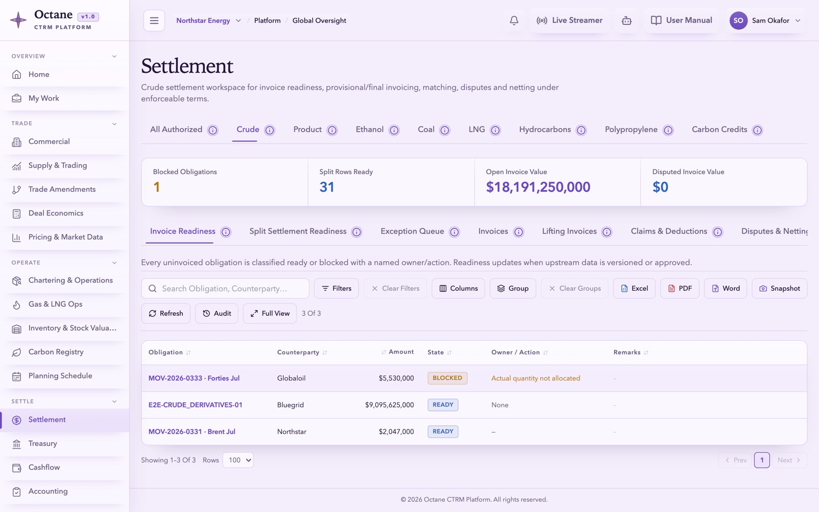 Octane Settlement — invoice, match and settle finished deals